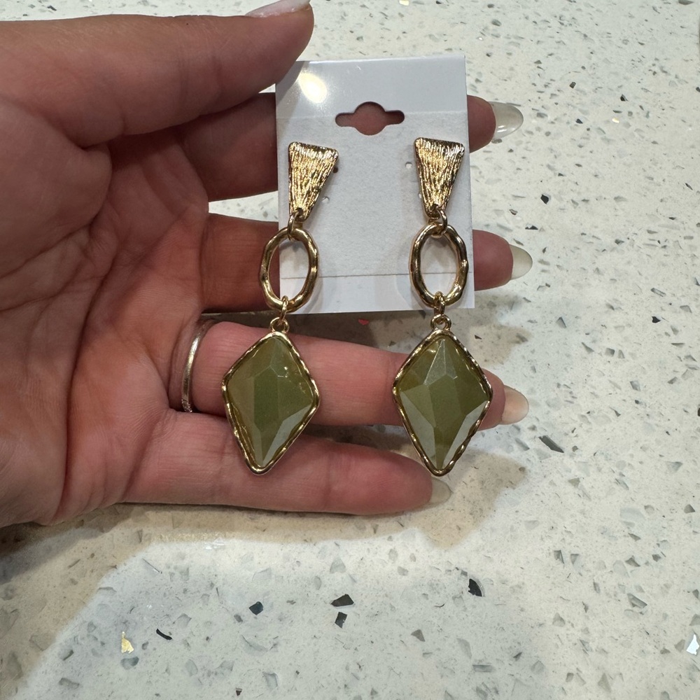 Gold Drop Earrings with Olive Green Faceted Stones
